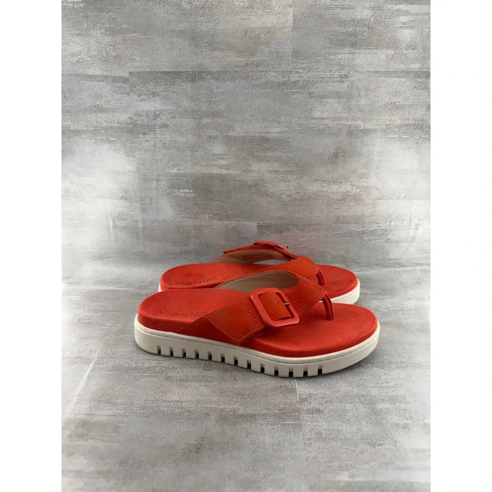 Vionic Uptown Marin Red Suede Platform Thong Sandals Women 6.5 Orthotic Buckle
